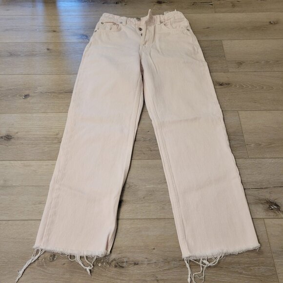 Zara Women's Light Pink Denim Straight Leg Jeans Frayed Hem & Button Fly Sz 4 - Picture 3 of 8